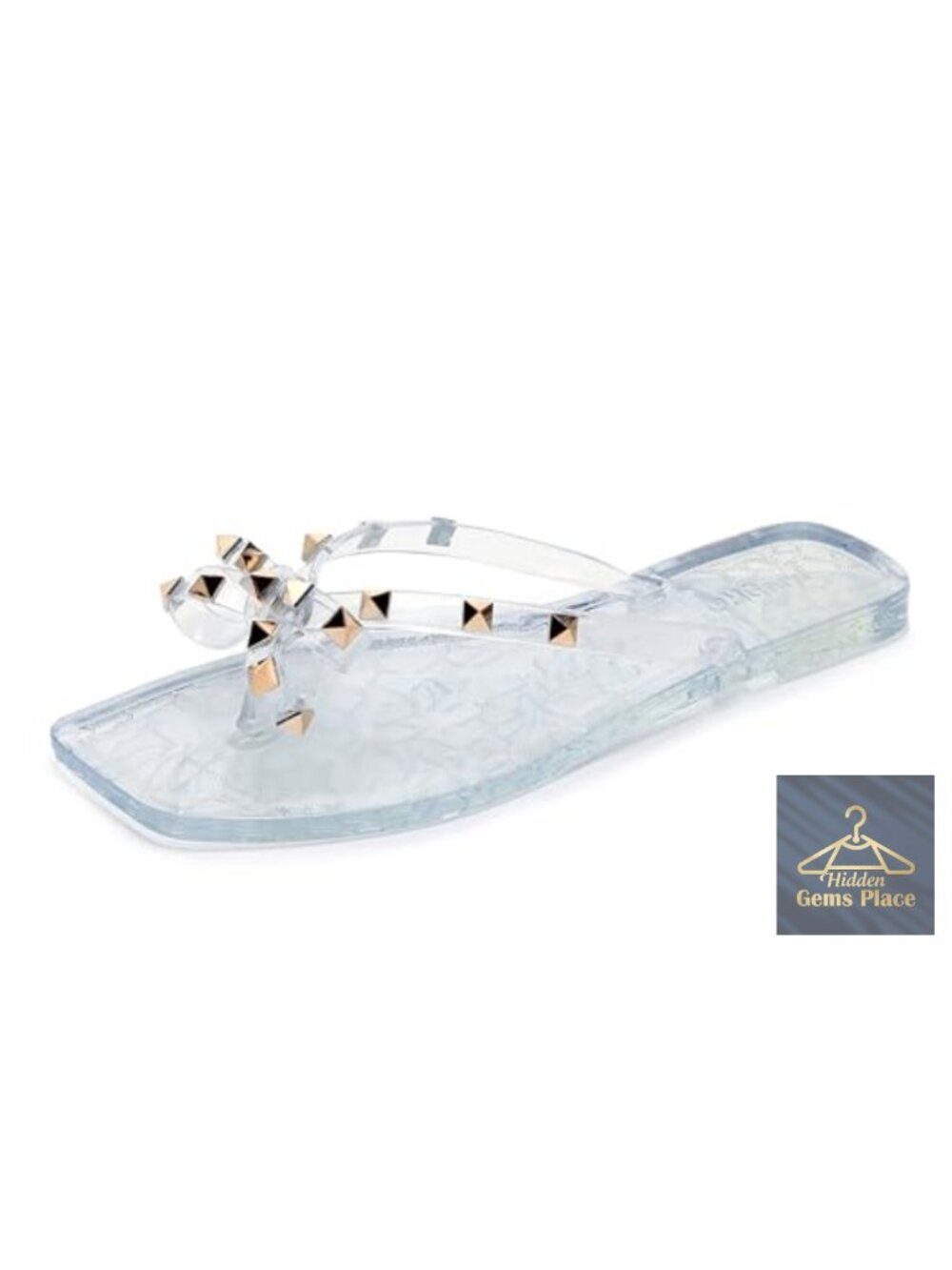 Studded Bow Flip Flops Jelly Sandals Square Toe Thong Slides Summer Beach